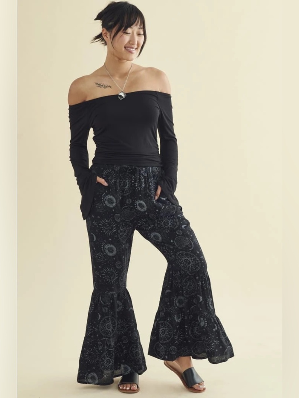 New Earthbound Black Astrology Tiered Flared Boho Celestial Whimsigoth Pants S